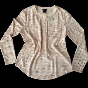 Ann Taylor Pointelle Eyelet Henley Top NWT Sz Medium Peach Pockets Soft Girl